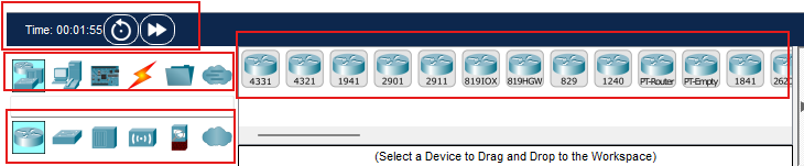 Area di selezione dispositivi e controllo del tempo in Cisco Packet Tracer