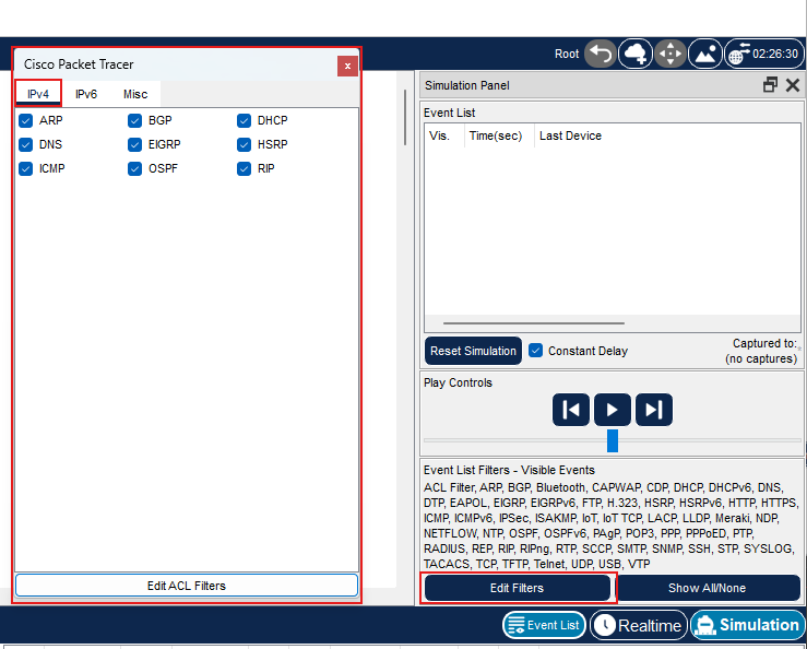 Finestra dei filtri eventi per i protocolli IPv4 in Packet Tracer