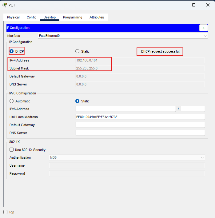 PC-PT: richiesta DHCP riuscita