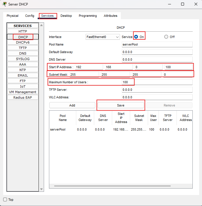 Server-PT: Services DHCP con pool