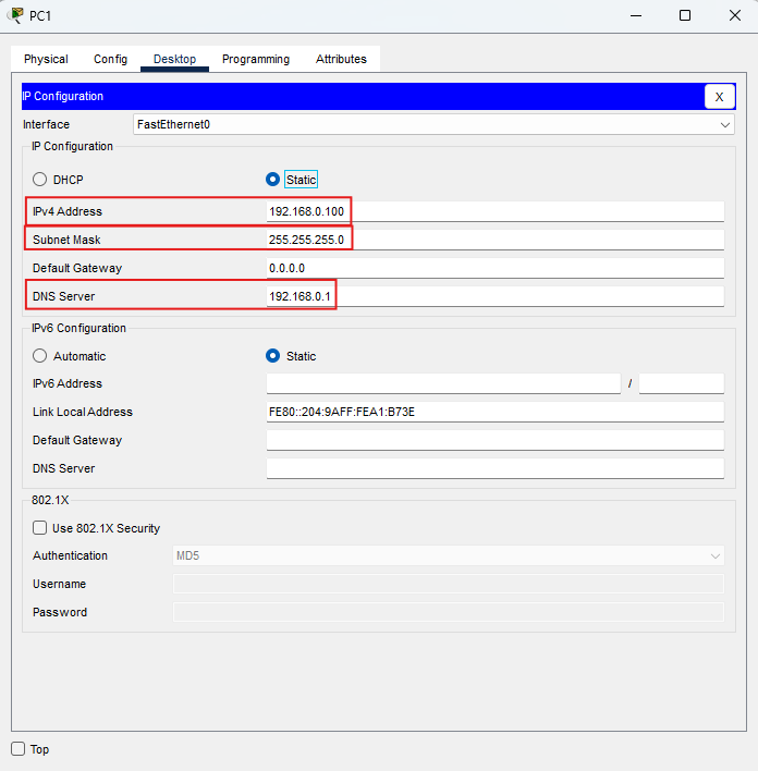 PC1: IP statico e DNS server impostato