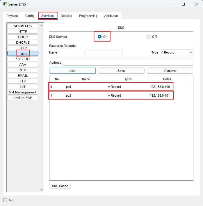 Server-PT: Services DNS con record A
