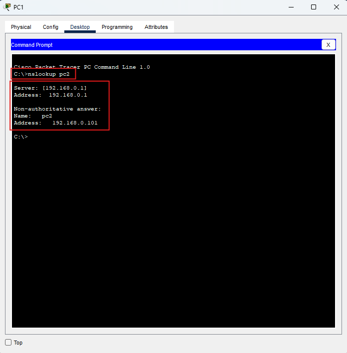 nslookup pc2: risposta con 192.168.0.101