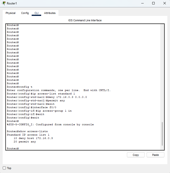 CLI del router con configurazione ACL standard 1