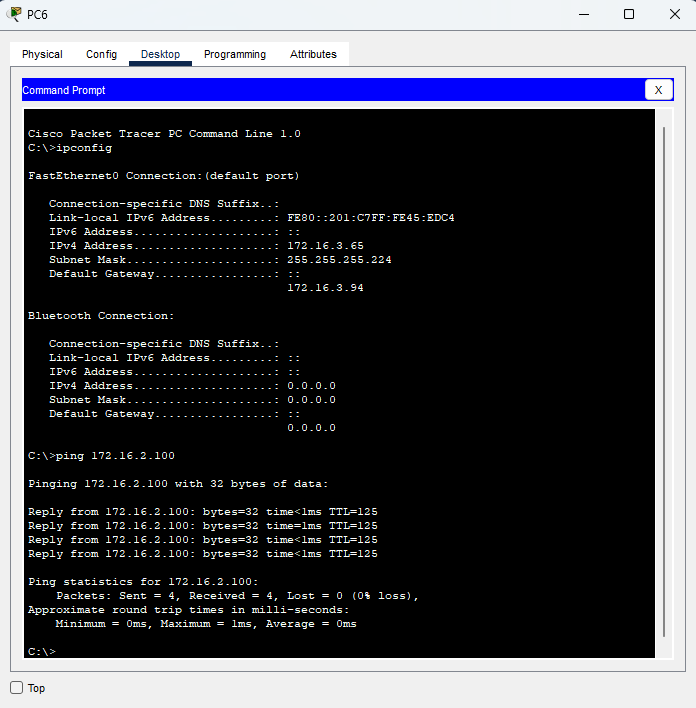 Ping riuscito da un PC di Torino verso 172.16.2.100