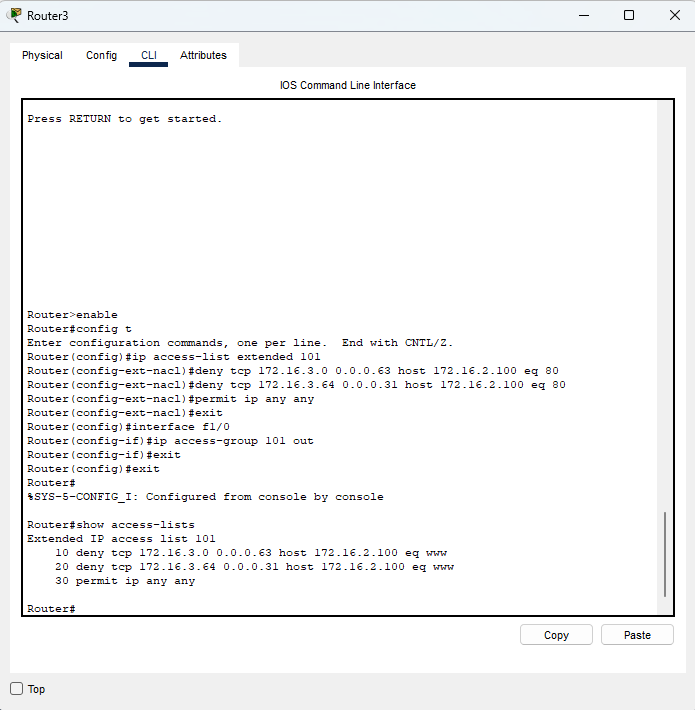 CLI del router con la configurazione dell'ACL extended 101 su Venezia