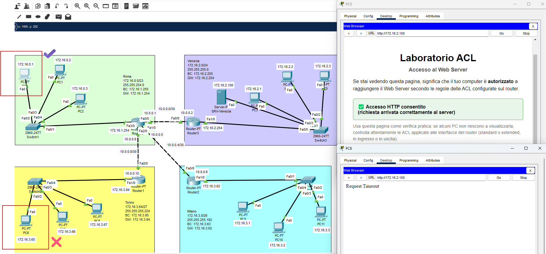 Browser di Roma che visualizza la pagina ACL e browser di Torino con Request Timeout