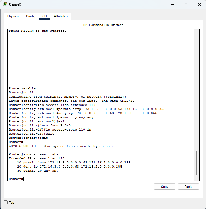 CLI del router con la configurazione dell'ACL extended 110 su Venezia