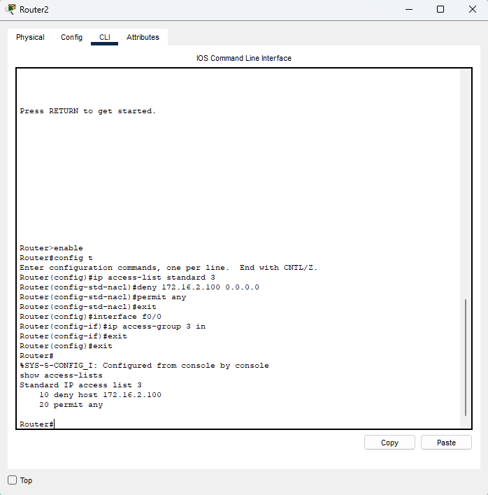 CLI del router di Milano con la configurazione dell'ACL standard 3