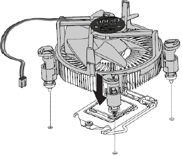 Inserire la ventola/dissipatore di calore inserendo i dispositivi di fissaggio negli appositi fori di allineamento.