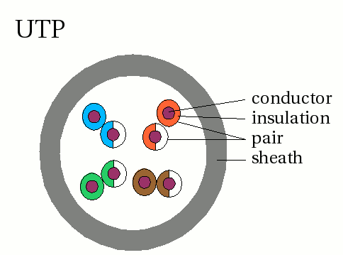 Struttura di un cavo UTP: fili di rame intrecciati e guaina protettiva. Schema didattico.