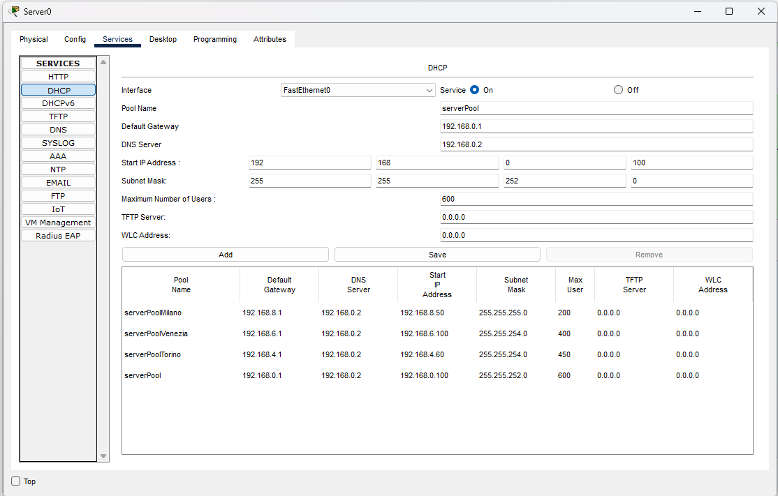 Configurazione pool DHCP sul server di Roma