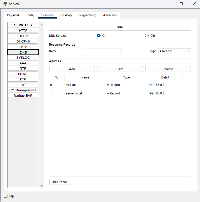 Configurazione DNS con record mail.lab e server.local