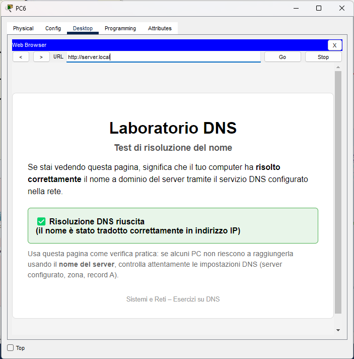 Pagina di test Laboratorio DNS raggiunta tramite server.local