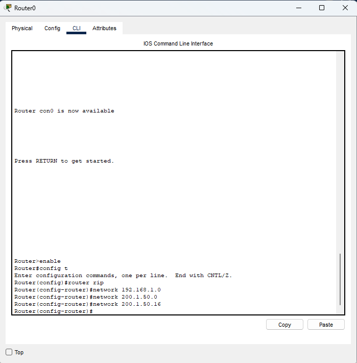 CLI che mostra l'inserimento delle reti nel processo RIP con i comandi network