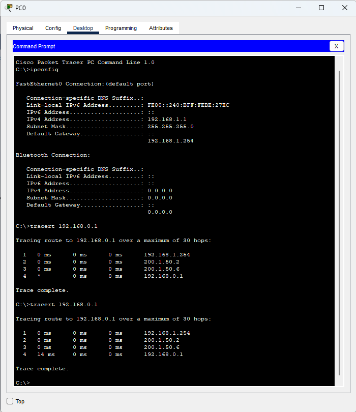 Esecuzione del comando tracert da PC0 verso PC1 con elenco dei router attraversati