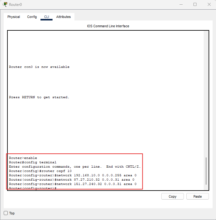 Screenshot configurazione OSPF su Router0