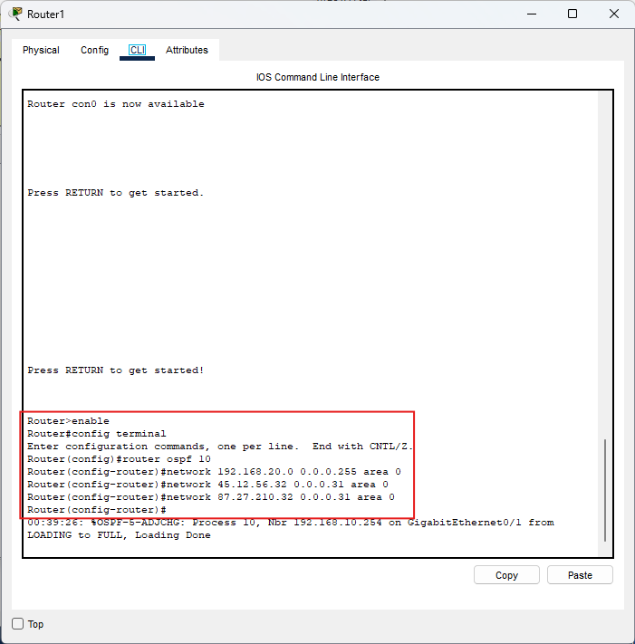 Screenshot configurazione OSPF su Router1
