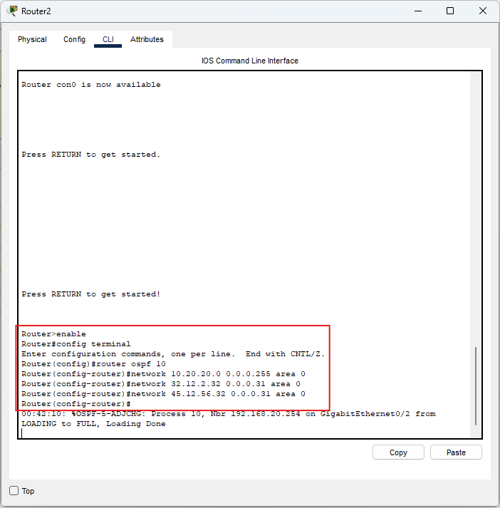 Screenshot configurazione OSPF su Router2