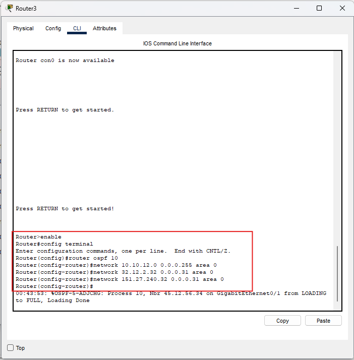 Screenshot configurazione OSPF su Router3