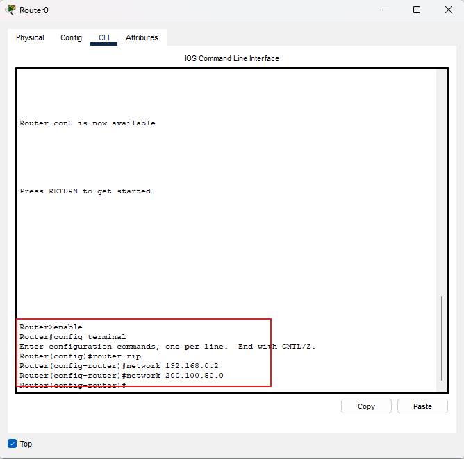Screenshot configurazione RIP v1 su Router0