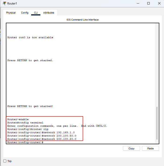 Screenshot configurazione RIP v1 su Router1