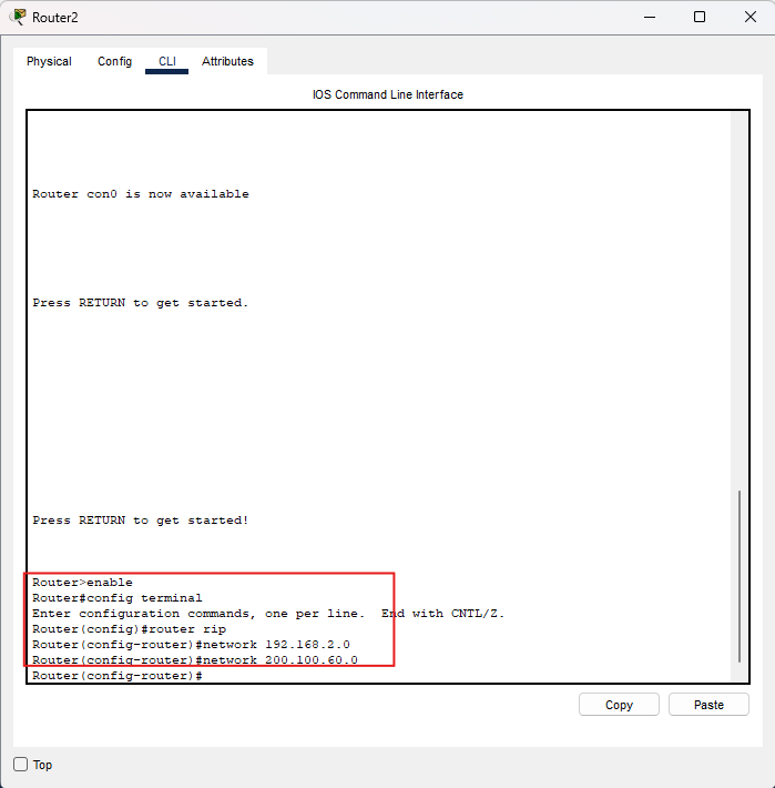 Screenshot configurazione RIP v1 su Router2