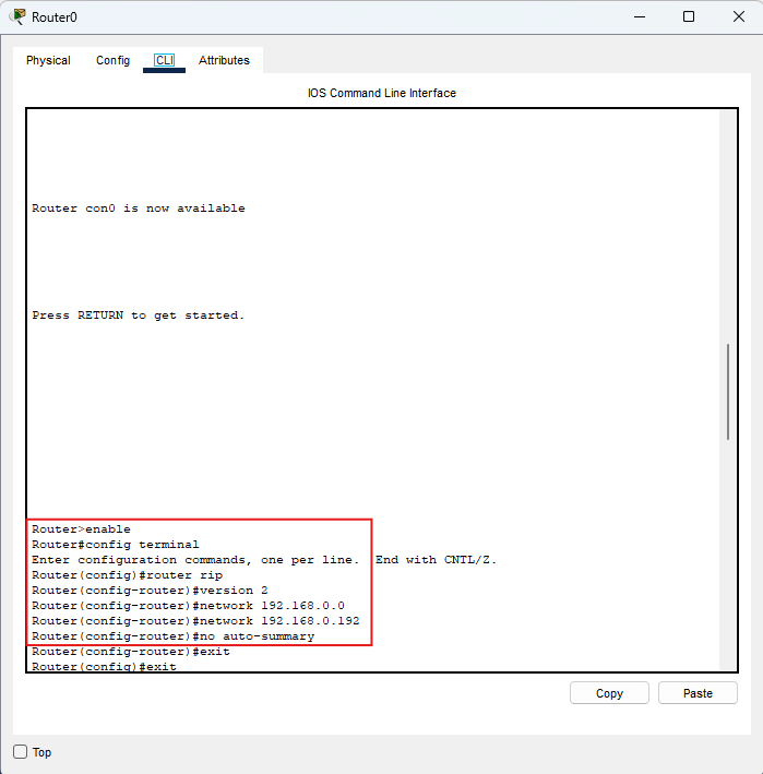 Screenshot configurazione RIPv2 su Router0