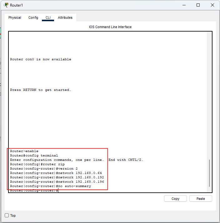 Screenshot configurazione RIPv2 su Router1