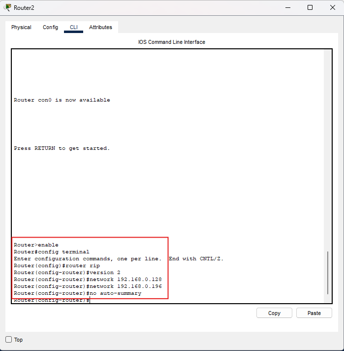Screenshot configurazione RIPv2 su Router2