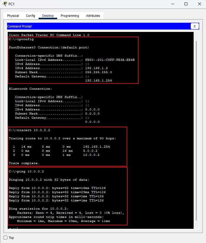 Ping e tracert tra le due LAN