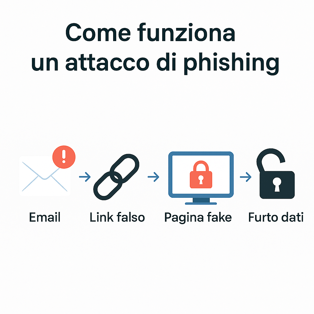 Schema delle fasi di un attacco di phishing: email, link falso, pagina fake, furto dati