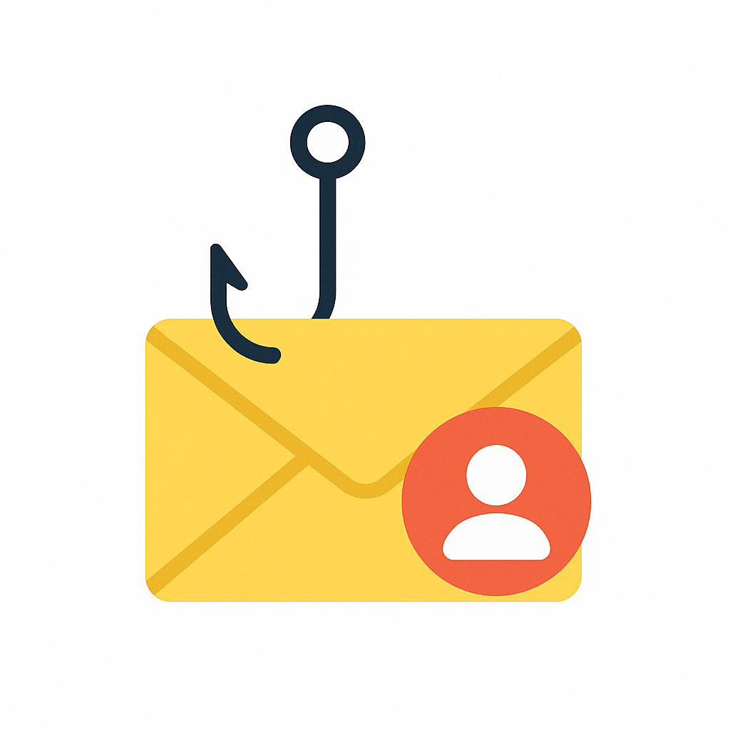 Busta di email con un amo da pesca e icona utente, che rappresenta una truffa di phishing