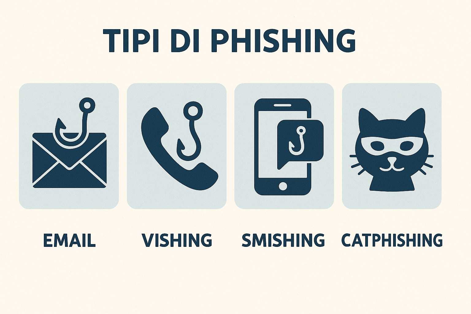 Infografica con quattro riquadri che rappresentano email phishing, vishing, smishing e catphishing
