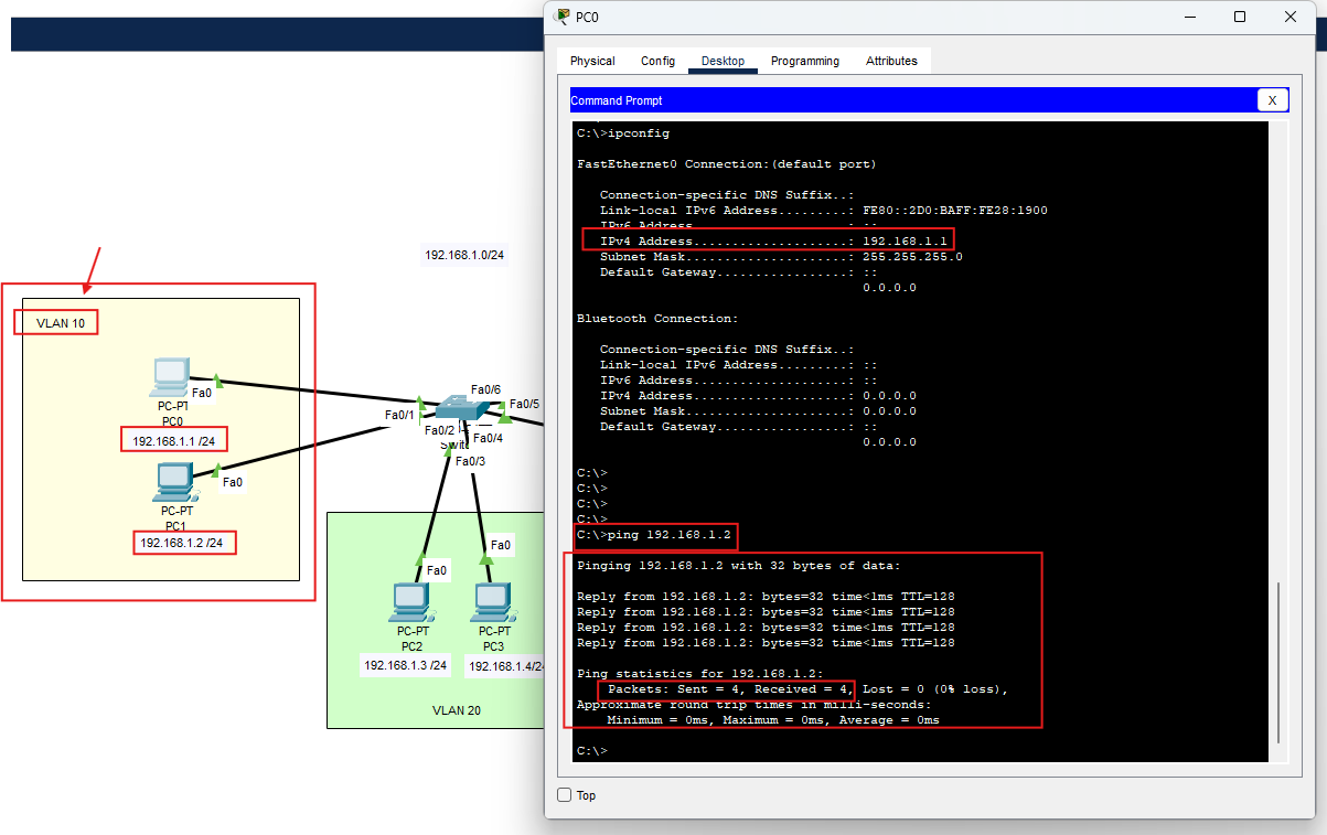 Ping riuscito nella stessa VLAN