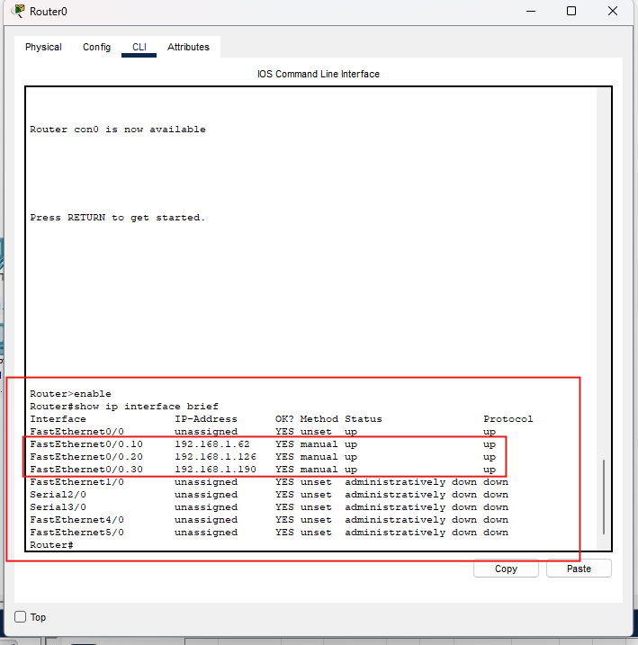 show ip interface brief con subinterface attive