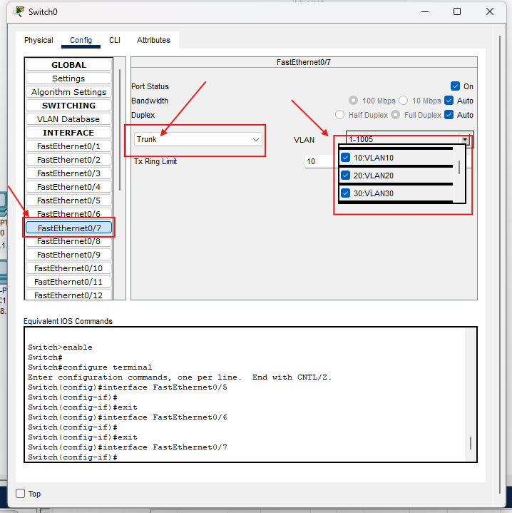 Porta switch in modalità trunk e VLAN abilitate
