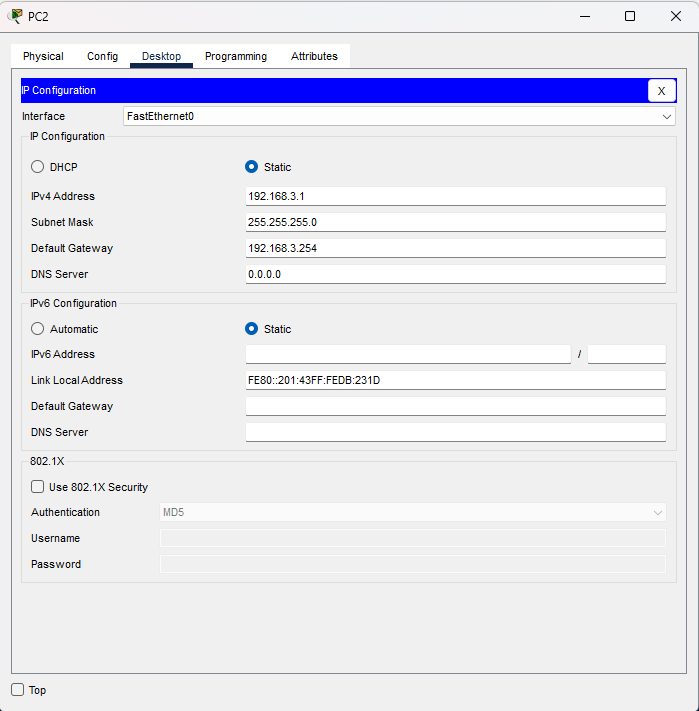 Configurazione PC2 LAN3